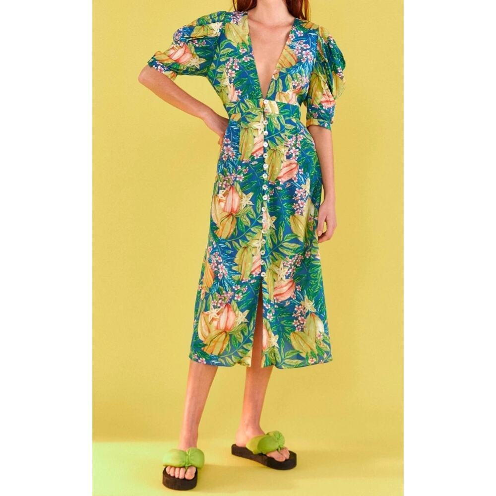 FARM Rio Women's Women's Star Fruits Puff Sleeve Midi Dress Multicolor XL NWT